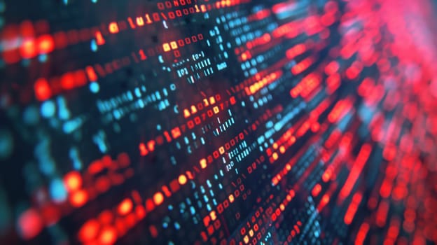 Red data stream encryption. Created using AI generated technology and image editing software.
