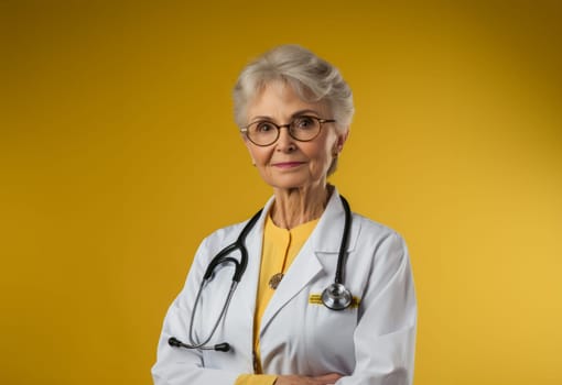 A modern senior doctor, isolated against a vibrant yellow background, radiates confidence and professionalism through her warm smile, symbolizing the self-assured expertise and positive demeanor of experienced healthcare practitioners.Generated image.