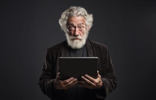 Elderly man with a beard engages with modern technology, using a tablet against a black backdrop, symbolizing the intersection of age and digital connectivity in the contemporary era.Generated image.