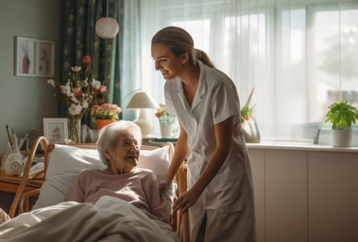 A caring nurse pays a compassionate visit to elderly residents in a care home, providing support and companionship to bedridden individuals, exemplifying the empathetic connection that defines healthcare in a senior living setting.Generated image.