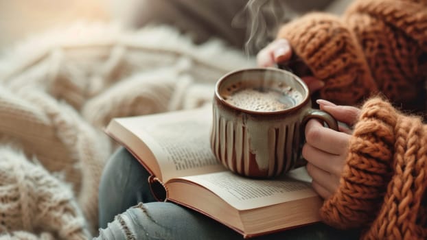 Winter evening with book and coffee. Created using AI generated technology and image editing software.