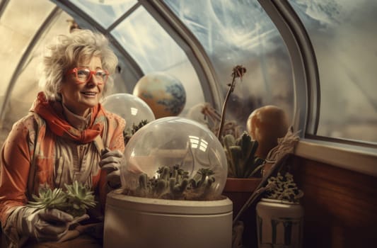 A cheerful elderly woman breathes life into primitive organisms in a green room on Mars, showcasing the joy and vibrancy of extraterrestrial horticulture and the exploration of new frontiers.Generated image.