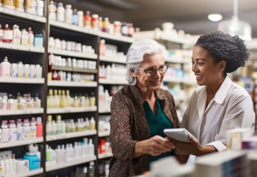 A pharmacist provides valuable assistance to an elderly woman in a modern pharmacy, offering guidance and support in selecting medications, ensuring a personalized and caring approach to healthcare.Generated image.