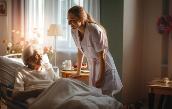 A caring nurse pays a compassionate visit to elderly residents in a care home, providing support and companionship to bedridden individuals, exemplifying the empathetic connection that defines healthcare in a senior living setting.Generated image.