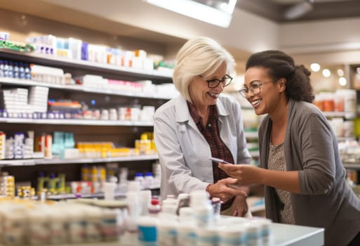 A pharmacist provides valuable assistance to an elderly woman in a modern pharmacy, offering guidance and support in selecting medications, ensuring a personalized and caring approach to healthcare.Generated image.