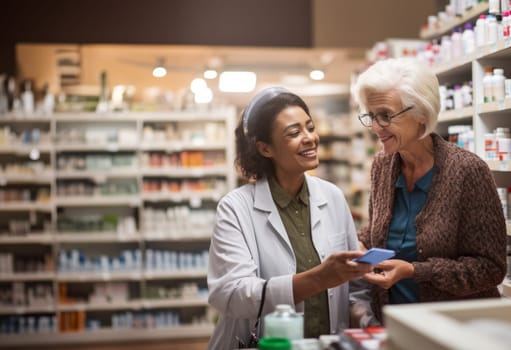 A pharmacist provides valuable assistance to an elderly woman in a modern pharmacy, offering guidance and support in selecting medications, ensuring a personalized and caring approach to healthcare.Generated image.