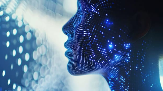 Futuristic hologram human profile. Created using AI generated technology and image editing software.