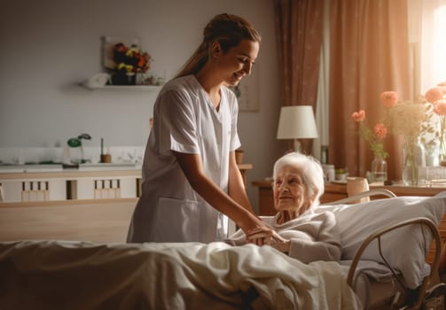 A caring nurse pays a compassionate visit to elderly residents in a care home, providing support and companionship to bedridden individuals, exemplifying the empathetic connection that defines healthcare in a senior living setting.Generated image.