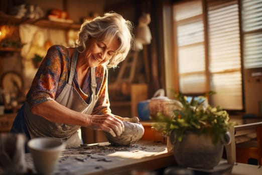 Elderly woman masterfully practices the ancient craft of pottery, molding glistening clay into exquisite creations in her traditional workshop, embodying the timeless artistry of handmade ceramics.
