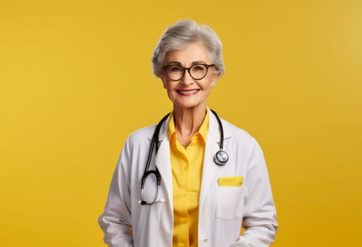 A modern senior doctor, isolated against a vibrant yellow background, radiates confidence and professionalism through her warm smile, symbolizing the self-assured expertise and positive demeanor of experienced healthcare practitioners.Generated image.