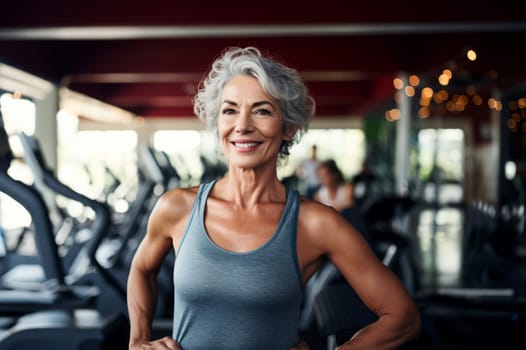 A determined elderly woman engages in vigorous workouts at the gym, embodying strength, perseverance, and commitment to a healthy and active lifestyle.Generated image.