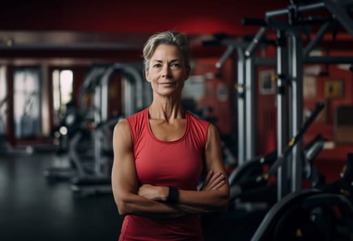 A determined elderly woman engages in vigorous workouts at the gym, embodying strength, perseverance, and commitment to a healthy and active lifestyle.Generated image.