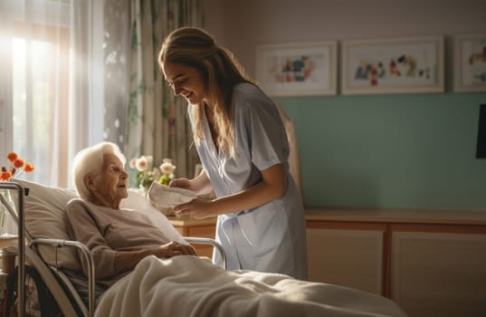 A caring nurse pays a compassionate visit to elderly residents in a care home, providing support and companionship to bedridden individuals, exemplifying the empathetic connection that defines healthcare in a senior living setting.Generated image.