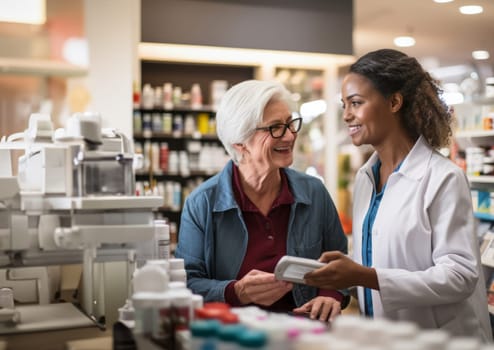 A pharmacist provides valuable assistance to an elderly woman in a modern pharmacy, offering guidance and support in selecting medications, ensuring a personalized and caring approach to healthcare.Generated image.
