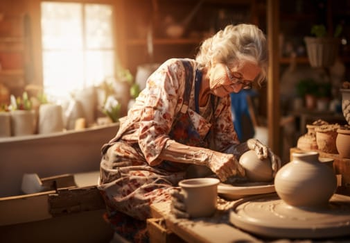 Elderly woman masterfully practices the ancient craft of pottery, molding glistening clay into exquisite creations in her traditional workshop, embodying the timeless artistry of handmade ceramics.