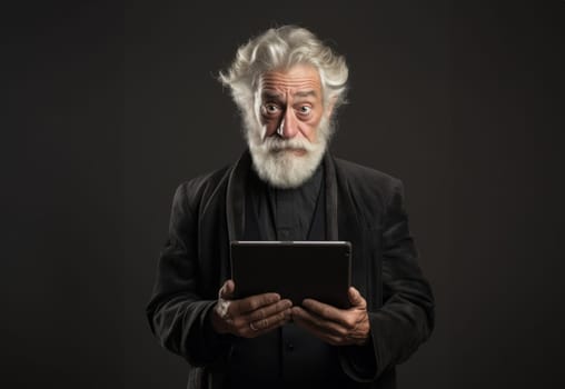 Elderly man with a beard engages with modern technology, using a tablet against a black backdrop, symbolizing the intersection of age and digital connectivity in the contemporary era.Generated image.