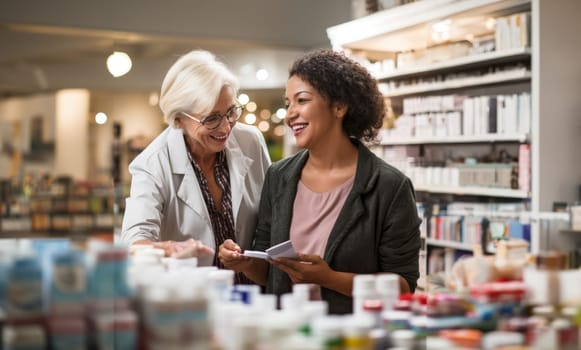 A pharmacist provides valuable assistance to an elderly woman in a modern pharmacy, offering guidance and support in selecting medications, ensuring a personalized and caring approach to healthcare.Generated image.
