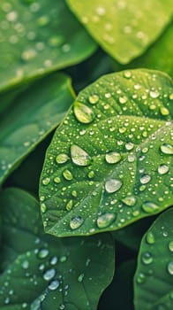 Morning dew on fresh leaves. Created using AI generated technology and image editing software.