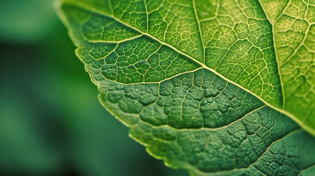 Green leaf detail in macro view. Created using AI generated technology and image editing software.