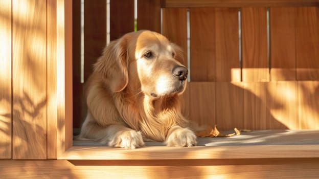 Warm sunshine on resting Golden Retriever. Created using AI generated technology and image editing software.