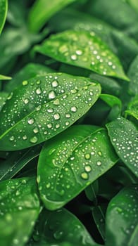 Morning dew on fresh leaves. Created using AI generated technology and image editing software.