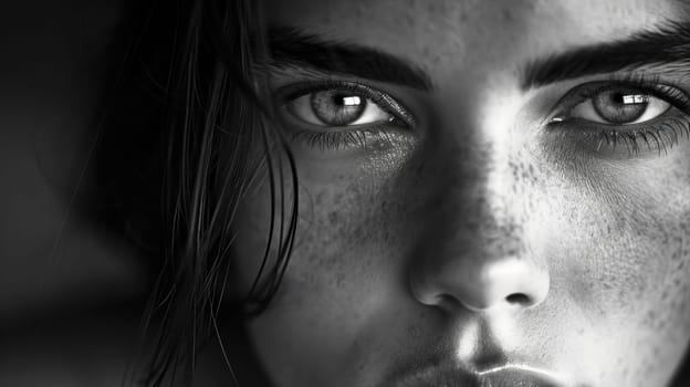 Intense closeup portrait of a woman. Created using AI generated technology and image editing software.
