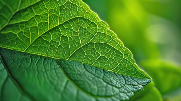 Green leaf detail in macro view. Created using AI generated technology and image editing software.