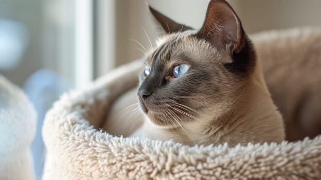 Poised Siamese cat with striking blue eyes. Created using AI generated technology and image editing software.