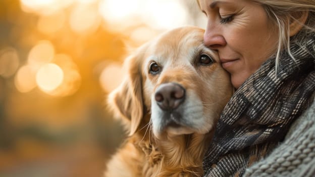 Portrait of woman and Golden Retriever. Created using AI generated technology and image editing software.