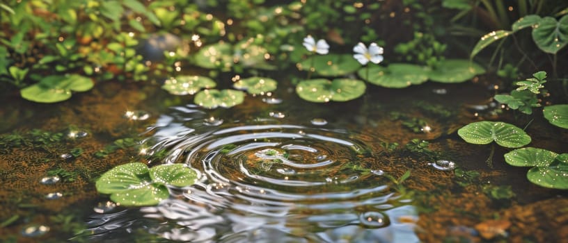 Serene pond scene. Copy space. Created using AI generated technology and image editing software.