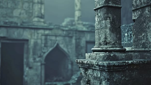 Ancient ruins closeup. Copy space. Created using AI generated technology and image editing software.