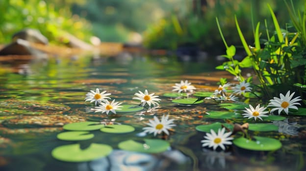 Pond with daisies. Created using AI generated technology and image editing software.