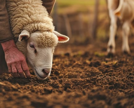 Gentle farm moment with sheep. Copy space. Created using AI generated technology and image editing software.