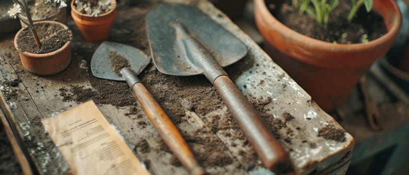 Still life of vintage gardening tools. Created using AI generated technology and image editing software.