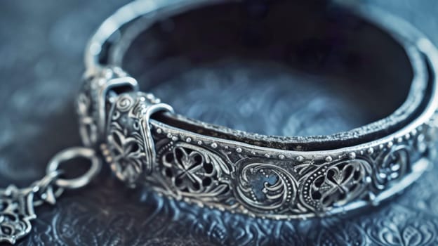 Intricate silver bracelet craftsmanship. Created using AI generated technology and image editing software.