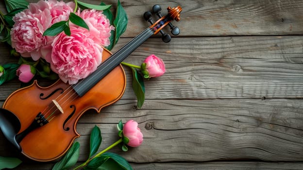 Classic violin music string instrumt with pink peony flowers on old  wooden background. Classical musical, romantic valentines day concept. AI generated
