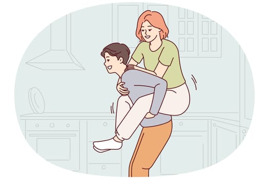 Cheerful man giving woman ride on back while having fun together in kitchen after buying own apartment. Happy married couple have fun enjoy long awaited weekend. Flat vector design
