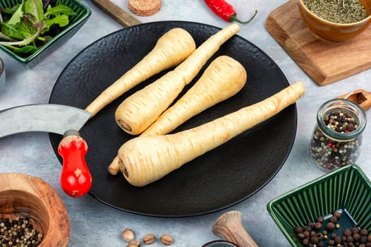 Raw and uncooked whole parsnips roots on the kitchen table