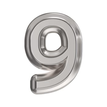 Steel font Number 9 NINE 3D rendering illustration isolated on white background