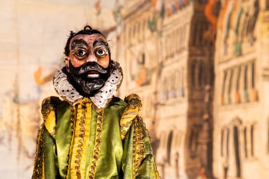 Old puppets theater. Vintage figure, traditional marionette, retro show