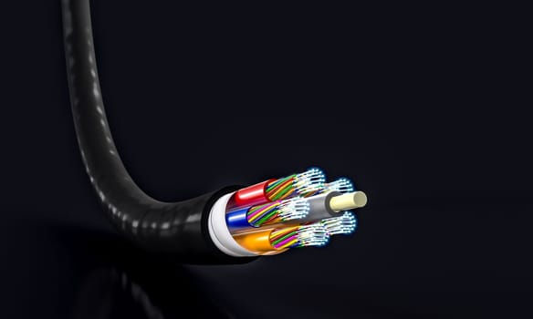 black fibre optic cable on a dark background. 3d render