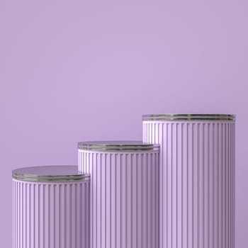 Cylindrical column-shaped lilac podiums with metal top. 3d render background