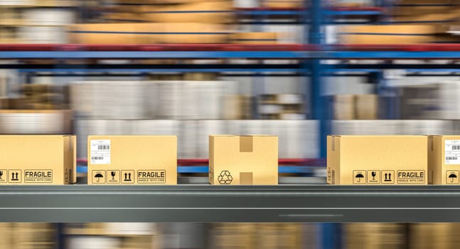 conveyor belt with moving parcels in a warehouse. 3d render