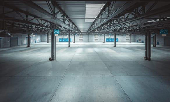 inside a large empty warehouse with a concrete floor. 3d render
