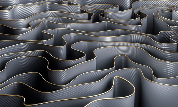 abstract background of corrugated carbon fibre sheets with gold profile. 3d render