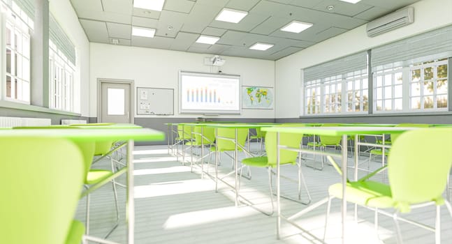 modern interior of a school classroom with green elements. 3d render