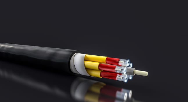 fibre optic cable, fast internet connection on black background.3d render