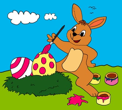 Scanned pen and ink drawing of a happily painting Easter bunny with a brush and pots of paint and Easter eggs in the nest on a green meadow in front of a blue sky with white clouds. ?