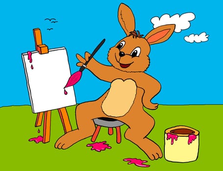 Scanned pen and ink drawing of a happily painting Easter bunny with an easel, brush and paint pot on a green meadow in front of a blue sky with white clouds.