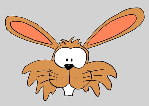 Rabbit head drawn in pen and ink in frontal view in comic style isolated on light gray.